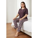 Fanwet Kadın Büyük Beden Bisiklet Yaka Desenli Kısa Kollu Yazlık Pijama Takımı