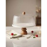 Faralya Home Doğal Beyaz Mermer 25 cm Ahşap Chintika Ayak Plastik Fanuslu Sunum Standı Pasta,kek Sunumluk