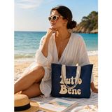 Faralya Life %100 Pamuk Çıtçıtlı Mavi Denim Çanta Krem Baskılı Çift Cepli Kadın Çanta 52x42 cm 60 cm Sap Uzunluğu - 52*42