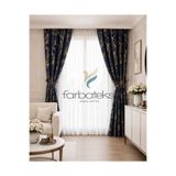 farbateks Lacivert Gold Varak Parlak Bağcıklı Opart Kumaş 2Kat Pileli Fon Perde
