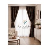 farbateks Siyah Bakır Bronz Varak Parlak Bağcıklı Opart Kumaş 2Kat Pileli Fon Perde