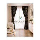 farbateks Siyah Gold Varak Parlak Bağcıklı Opart Kumaş 2Kat Pileli Fon Perde
