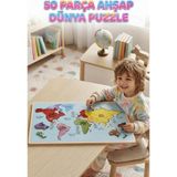 Farbu Oyuncak Ahşap Çift Katlı Dünya Haritası Puzzle | 50 Parça Eğitici ve Öğretici Coğrafya Oyunu