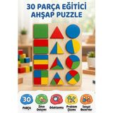 Farbu Oyuncak Renkli Şekiller 30 Parça Ahşap Eğitici Zeka Geliştirici Geometrik Şekiller Puzzle