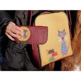 Fare Kedi Figürlü Büyük Postacı Kol Çantası Bordo, Cüzdan Bordo Etnik Bohem Style Kombin