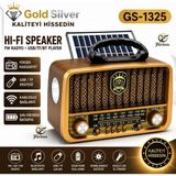 farissu Gold Silver GS-1325 Nostaljik Radyo Güneş Enerjili Bluetooth Hoparlör Usb/tf Kart Girişli Güçlü Fenerli Şarjlı