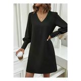 FarkStore Kadın Uzun Kollu V Yakalı Kısa Ithal Krep Elbise