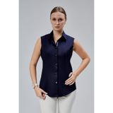 FARQIN Lacivert Pamuk Saten Likralı Sıfır Kol Şerit ve Düğme Detaylı Slim Fit Kadın Gömlek