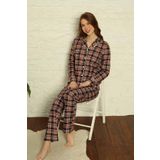 Farya Home Dreamy Ekoseli Pamuklu Biyeli Uzun Kollu Gömlek Pijama Takımı - Ekose M