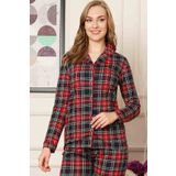 Farya Home Dreamy Ekoseli Pamuklu Biyeli Uzun Kollu Gömlek Siyah Kırmızı Bayan Pijama Takımı