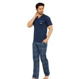Farya Home Dreamy Pamuklu Ekose Kareli V Yaka Cepli Erkek Pijama Takımı, İndigo, L