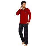 Farya Home Dreamy Pamuklu Ekose Kareli V Yaka Cepli Erkek Pijama Takımı, Kırmızı Lacivert, XXL