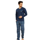 Farya Home Dreamy Pamuklu Ekose Kareli V Yaka Cepli Erkek Pijama Takımı, Lacivert, M