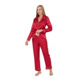 Faryanight İpek Saten Uzun Kollu Biyeli Düğmeli Gömlek Pijama Takımı, Bordo, S