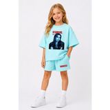 Fasardi Manifest Girls Mina Baskılı Oversize %100 Pamuk Tişört Şort 2li Çocuk Takım - 11 - 12 Yaş - Bebe Mavi