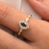 Fasek Gold Gümüş Yüzük - Oval Mistik Topaz Taşlı Yanları Zirkon Taşlarla Süslemeli 925 Ayar Gümüş Kadın Yüzük