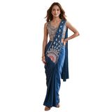 FASHION BAZAR 365 Indo Western Giymeye Hazır Saree Süslü İpek Nakışlı ve Boncuklu İş Elbisesi Saree 23350, Mavi, 68