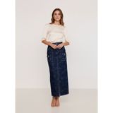Fashion Club Kadın Denim Yıkamalı Desenli Yırtmaçlı Cepli Kot Etek - Lacivert - 36