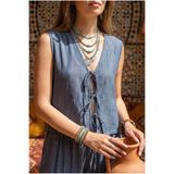 FASHION COCKTAIL 3 Bağlamalı Fiyonklu Çizgi Dokulu Relax Viskon Nefes Alan İnce Yazlık Tatil Yelek Pantolon Takım
