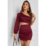 Fashion Cocktail Bel Dekolteli Tek Kol Gece Elbisesi Şarap Kırmızı - Bordo