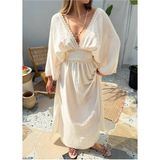 Fashion Cocktail Bel Vurgulu Yan Yırtmaçlı Kelebek Kesim Boho Doğal Ton Dantelli Fiyonklu Bağlamalı Bohem Uzun Elbise - Ekru - 36