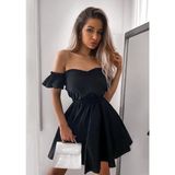 Fashion Cocktail Doğal Keten Kumaşlı Puf Kol Kabarık Straples Elbise Siyah