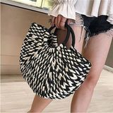 Fashion Cocktail Hilal Yarım Daire Astarlı Çift Iki Renk Saplı Yazlık Hasır Çanta - Siyah