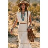 FASHION COCKTAIL İnci Sıralı ve Jüt Şeritli Apoletli Kolsuz Bohem Organik Doku Krınkıl Kumaş Eteği Astarlı Kruvaze V Yaka Crop Bluz Fırfırlı Uzun Boho Bohem Tatil Chic Etek Seti İkili Takım