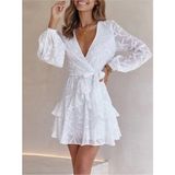 Fashion Cocktail Kabartma Yaprak Dal Desenli Uzun Kollu Kemerli Bohem Mini Elbise Beyaz - 34 - 36