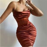 Fashion Cocktail Kalın Kumaşlı Parıltı Askılı Diz Hizası Dar Abiye Düğün Kokteyl Elbise Kiremit - 36