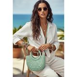 Fashion Cocktail Katı Sert Örgü Yarım Ay Saplı Askılı Astar Büzgülü Bohem Minik Mini Boy Hasır Çanta - Yeşil
