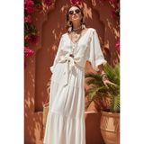FASHION COCKTAIL Midye İstiridye Deniz Kabuğu V-yaka Bağlamalı Crop Dizaltı Etek Bluz Sahil Yazlık Bohem 2li Takım