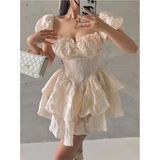 Fashion Cocktail Orta Çağ Kabarık Balon Kol Kabartma Kumaş Süper Mini Elbise Krem - 32