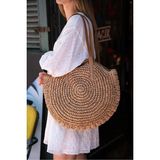 Fashion Cocktail Oval Dairesel Fermuarlı Astarı Cepli Deri Askılı Ithal Tatil Plaj Beach Club Örme Hasır Çanta - 42 x 48 - Camel