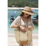 Fashion Cocktail Oval Deri Tabanlı Deri ve Hasır Saplı Çıtçıtlı Astarlı Yumuşak Sahil Plaj Beach Ithal Hasır Çanta - Bej