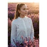 FASHION COCKTAIL Papatya Motifli Vintage Zarif Dantel Oymalı Yakası ve Manşetleri Çiçek Gipürlü Yazlık Baharlık Ofis Tatil Keten Gömlek