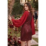 Fashion Cocktail Payetli Pullu Balon Şifon Kol Yuvarlak Yaka Mini Düğün Nişan Davet Abiye Elbise Kırmızı - 36 - 38