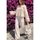FASHION COCKTAIL Romantik Kore Slim Fit Pantolonlu İnci Brode İşçilikli Geometrik Dantel Zarif Yelek Düğmeli Ceket Fermuarlı Dar Kesim Pantolon Ham Keten Bohem Takım