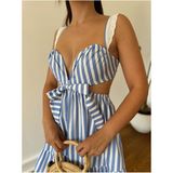 Fashion Cocktail Santorini Marin Renk Fiyonklu Bel Pencereli Sırt Lastikli Pamuklu Çizgili Şirin Yazlık Elbise Mavi - 36