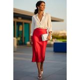 Fashion Cocktail Saten Dökümlü Belden Oturan Kalın Iç Lastikli Yırtmaçsız Diz Altı Midi Ofis Etek - Pembe - 40