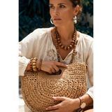 FASHION COCKTAIL Taba Deri Detaylı Yarım Ay Kağıt İp Örgü Bohem Doğal Ayarlanabilir Askılı Astarlı Fermuarlı Hasır Çanta Örgü Örme Plaj Sahil Deniz Omuz Çantası