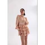 Fashion Cocktail Vatkalı Omuz Katlı Etek Ithal Soft Otantik Desen Şifon Kumaşlı Uzun Kol Baharlık Mini Elbise - 36 - Oranj