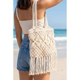 Fashion Cocktail Western Saçaklı Püsküllü Makrome Örme Örgü Içi Bohçalı Plaj Sahil Deniz Tatil El Omuz Çantası - Ekru