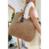 Fashion Cocktail Zebra Desen Fermuarlı Astarlı Cepli Omuz Askılı Sahil Plaj Beach Club Hasır Çanta - Camel