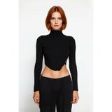 Fashion Forward Kadın Fitted Dik Yaka Uzun Kollu İnce Triko Süper Crop Asimetrik Bluz Kışlık -Siyah-M
