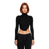 Fashion Forward Kadın Fitted Dik Yaka Uzun Kollu İnce Triko Süper Crop Asimetrik Bluz Kışlık -Siyah-S