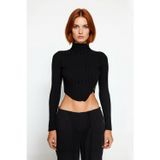 Fashion Forward Kadın Fitted Dik Yaka Uzun Kollu İnce Triko Süper Crop Asimetrik Bluz Kışlık