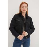 Fashion Friends % 100 Pamuk Suni Kürk Astarlı Çift Göğüs Cepli Regular Fit Kot Ceket Bayan Kot Ceket 23K0266K1 - Siyah