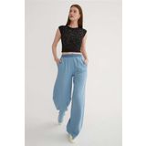 Fashion Friends Beli Lastikli Geniş Paça Keten Pantolon Mavi