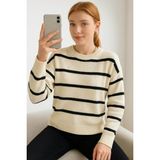 Fashion Friends Bisiklet Yaka Çizgili Bej Kadın Kazak 25K0093K1 - M